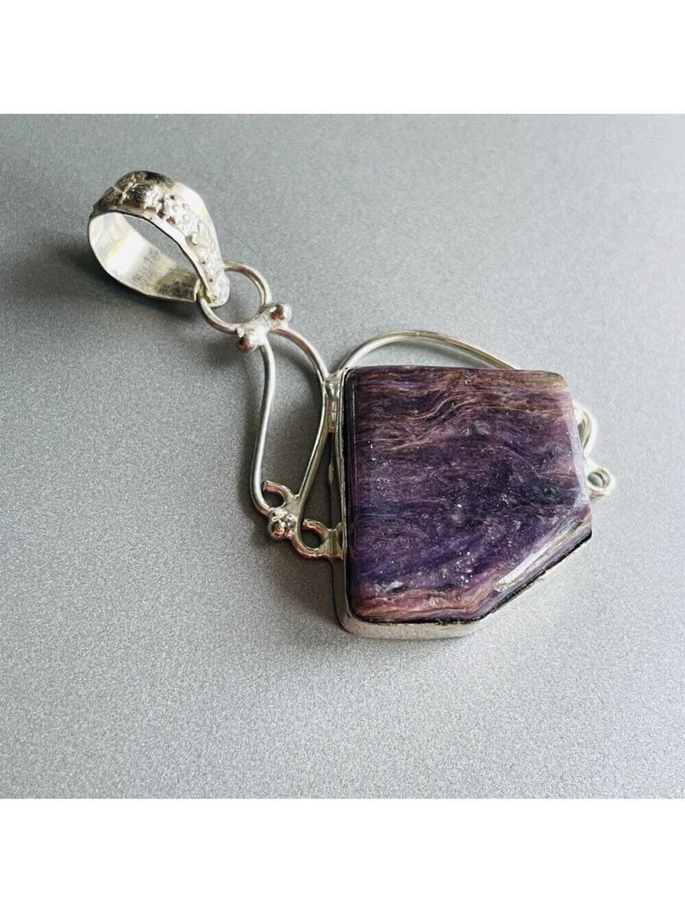 Natural Charoite Purple Nugget Sterling Silver Vintage Pendant for Neckl… - Picture 3 of 12